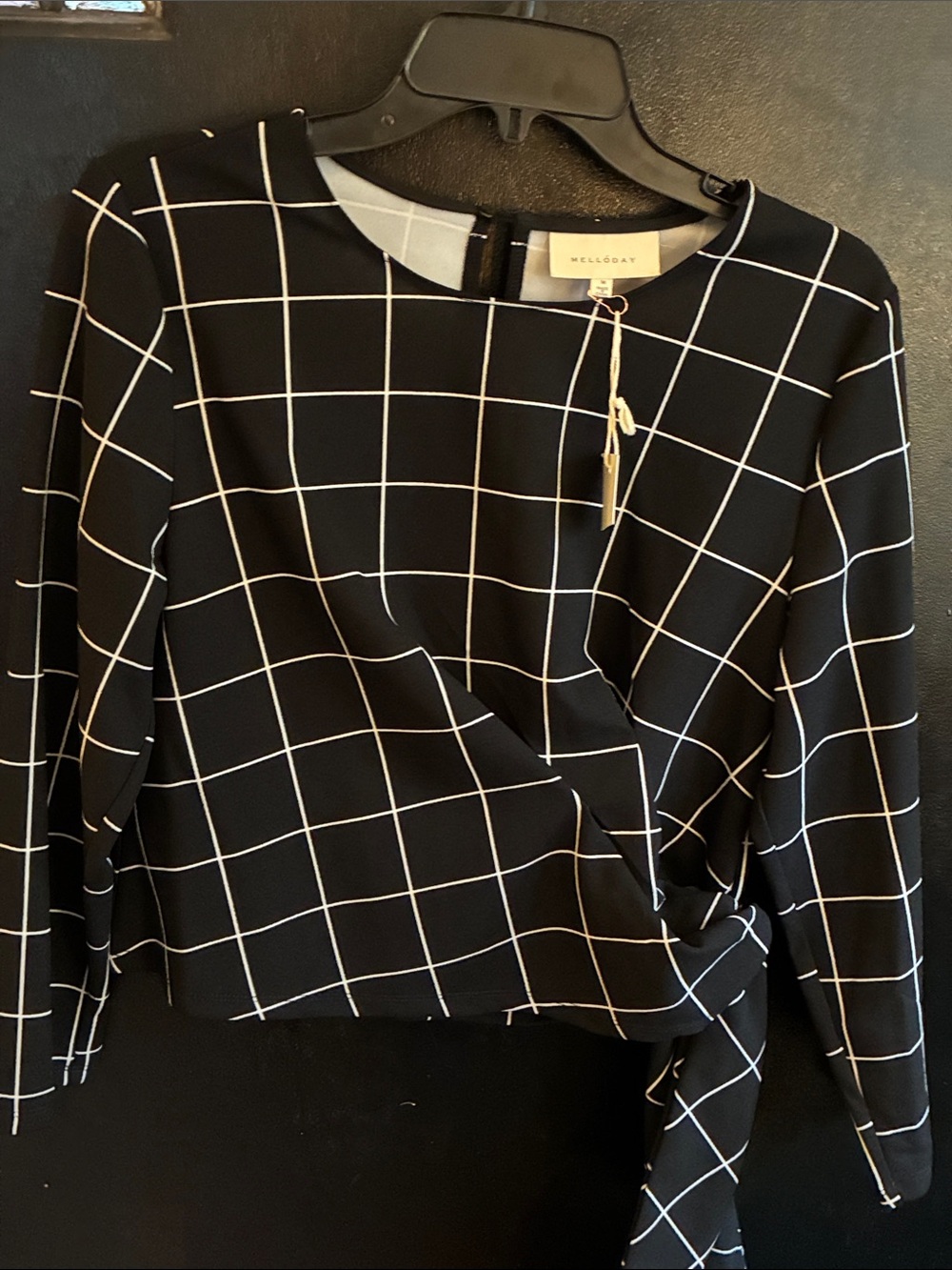 MELLODAY Black Windowpane Tie-Front Long Sleeve Blouse NWT M